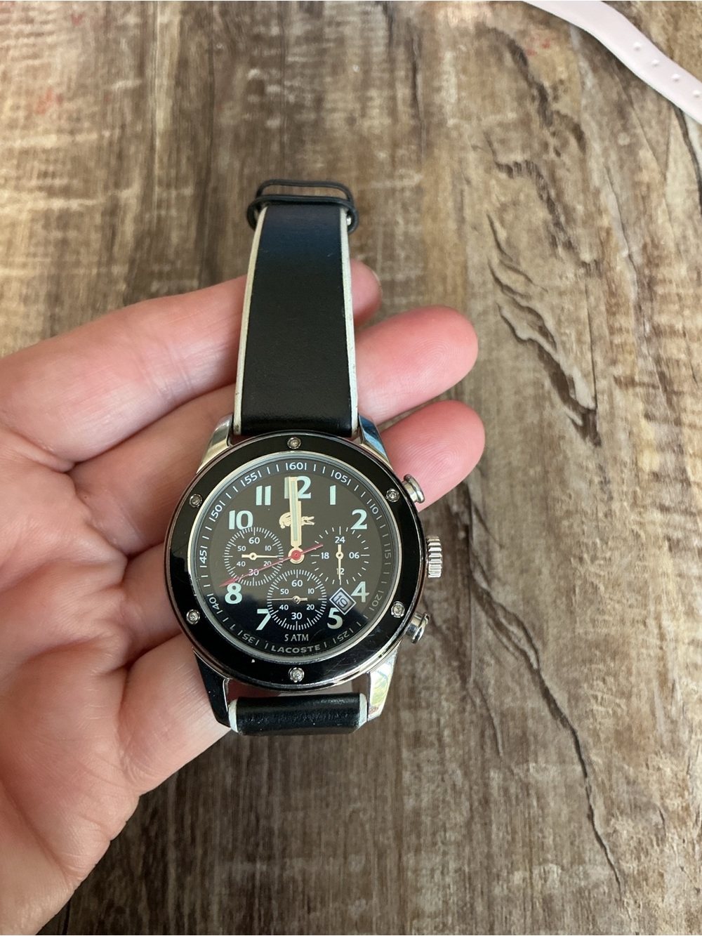 Lacoste Black and Silver Chronograph Leather-Trim Watch